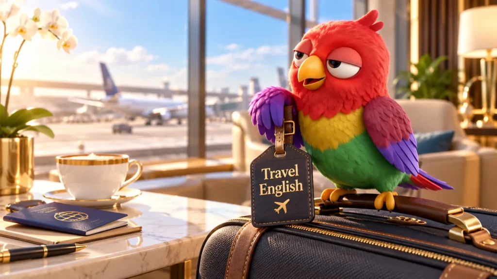 Попугай Ворика в аэропортовом лаунже с багажом и надписью Travel English