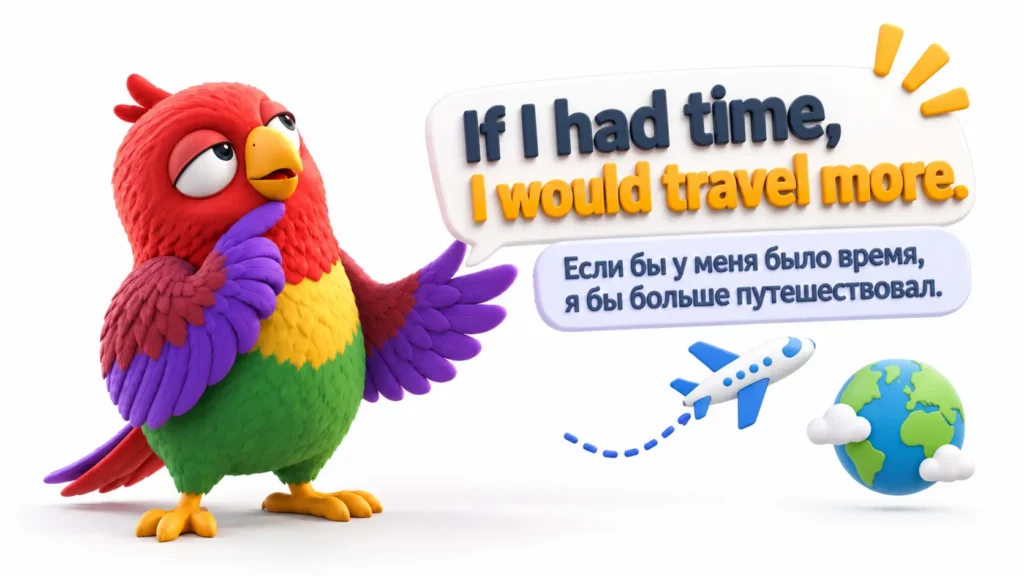 Попугай Ворика на белом фоне с 3D-фразой If I had time, I would travel more и переводом «Если бы у меня было время, я бы больше путешествовал», рядом самолёт и глобус.