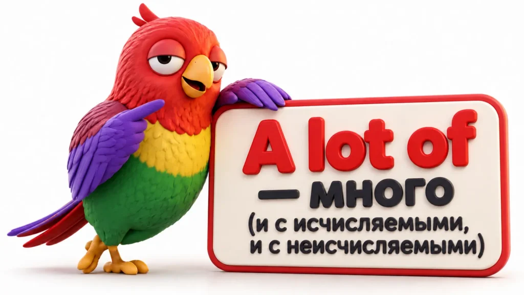 Попугай Ворика на белом фоне объясняет выражение A lot of на 3D-табличке с переводом «много» и пояснением, что оно используется и с исчисляемыми, и с неисчисляемыми существительными.
