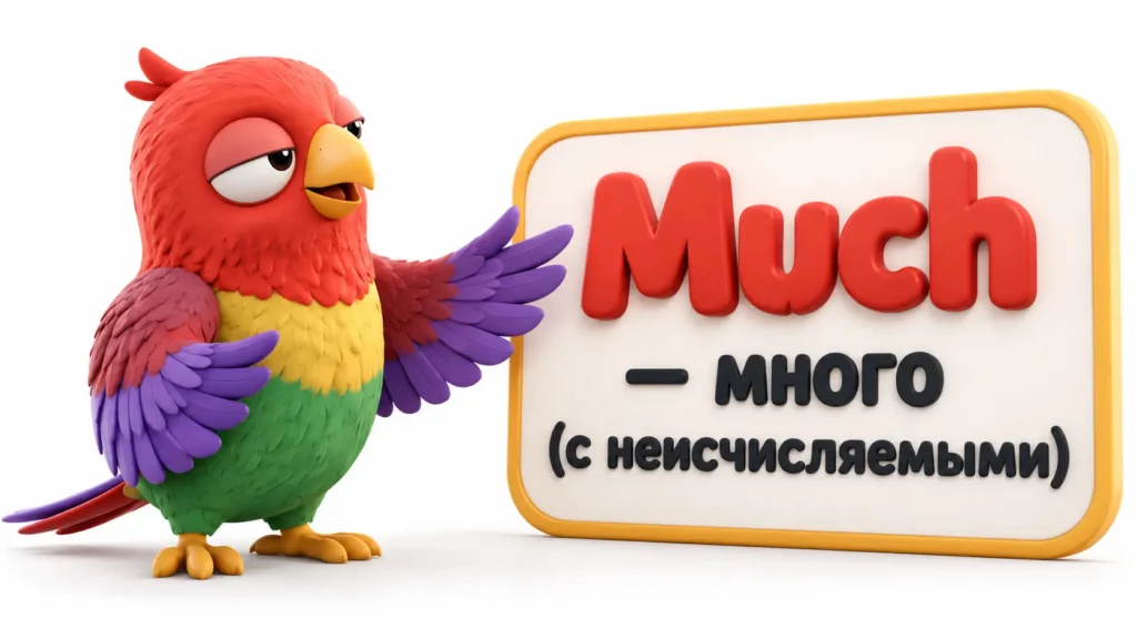 Попугай Ворика на белом фоне показывает 3D-табличку со словом Much, переводом «много» и пояснением «с неисчисляемыми».