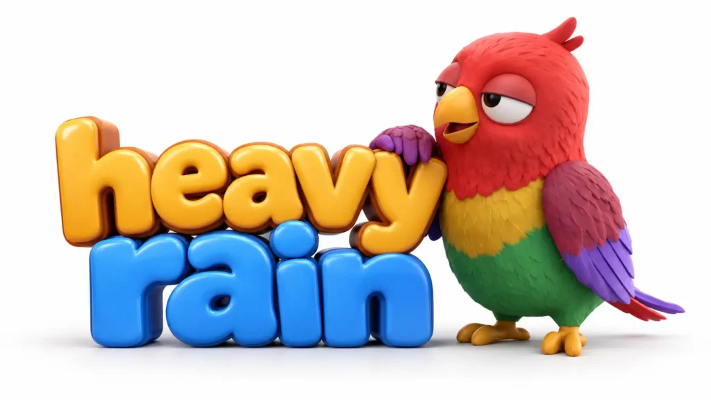 Попугай Ворика на белом фоне рядом с 3D-надписью «heavy rain».