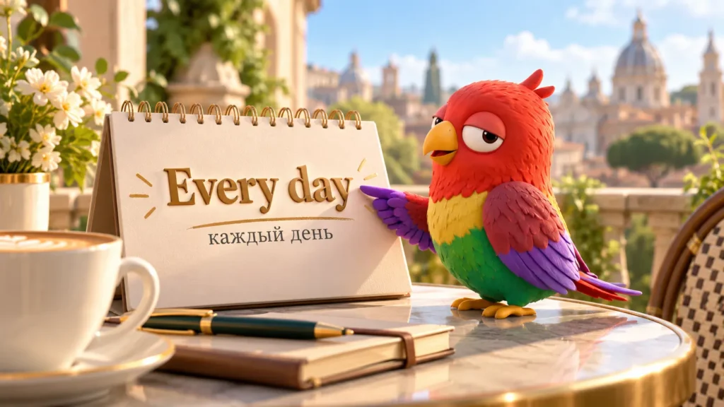 Попугай Ворика показывает фразу Every day и перевод каждый день на солнечной террасе