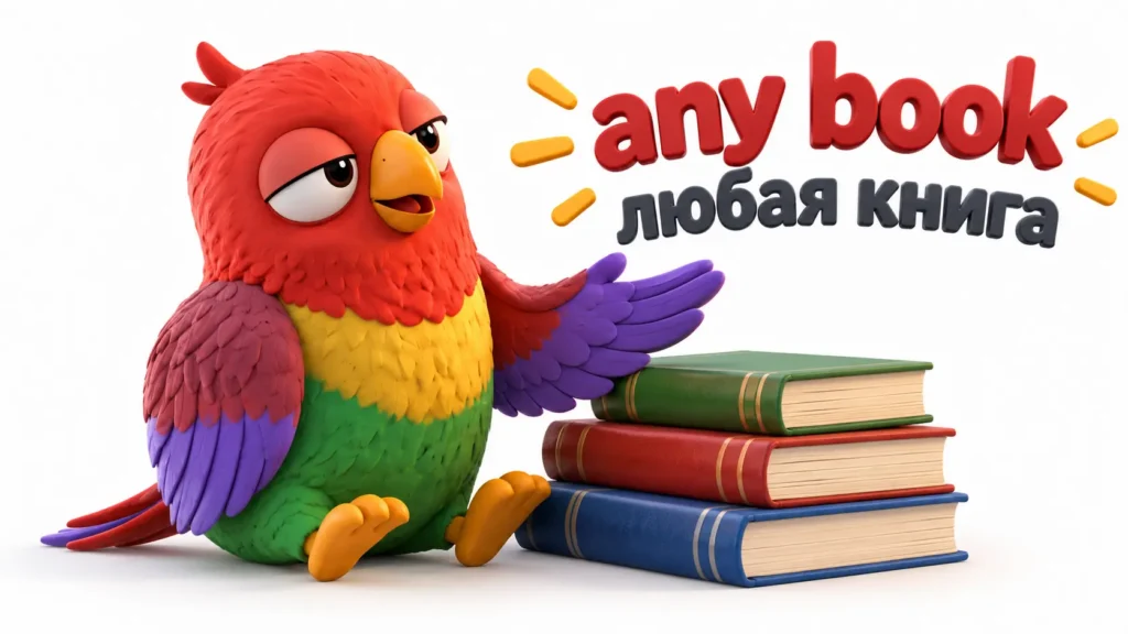 Попугай Ворика на белом фоне сидит рядом со стопкой книг и показывает фразу any book — «любая книга».