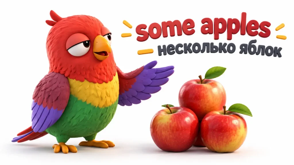 Попугай Ворика на белом фоне показывает три яблока и объясняет фразу some apples — «несколько яблок».