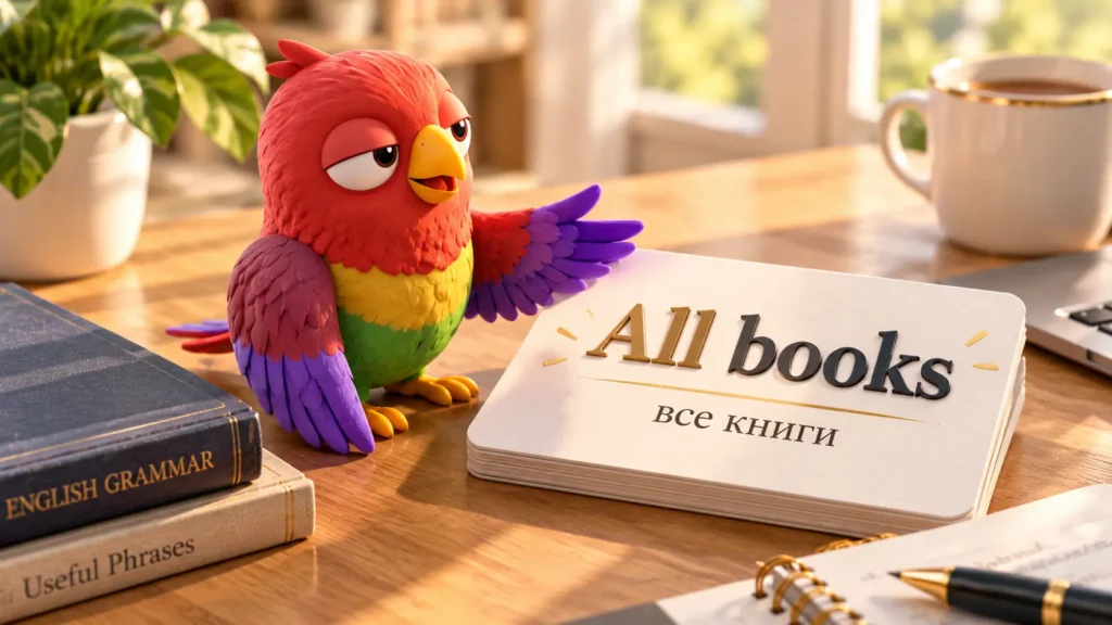 Попугай Ворика рядом с карточкой All books и переводом все книги в уютной учебной обстановке